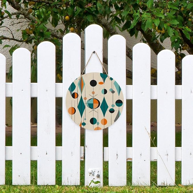 MUSM Mid Century Geometric Wall Art Decor Round Wooden Wall Decor Hanging Decorative Wood Plaque with Ropes Vintage Hanging Sign Hanging Plaque for Indoor Outdoor Wall Artwork