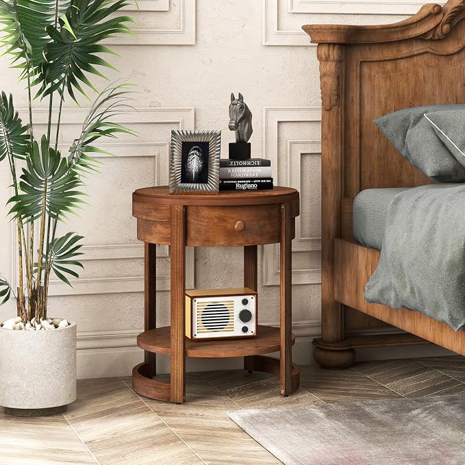 GOFLAME Round Side Table with Drawer, Retro 2-Tier Nightstand with Shelf & Wood Grains, Vintage Wooden Accent Table, Mid-Century Modern End Tables for Living Room, Bedroom, Walnut