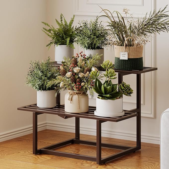 Metal Plant Stand, Foldable Heavy Duty Indoor, Window Iron Plant Shelf - Mid Century Modern Slatted Display for Patio, Garden, Living Room Load Bearing 330 lbs 26" L x 20.2" H x 17.7" W 2 Tier Coffee