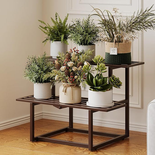 Metal Plant Stand, Foldable Heavy Duty Indoor, Window Iron Plant Shelf - Mid Century Modern Slatted Display for Patio, Garden, Living Room Load Bearing 330 lbs 26" L x 20.2" H x 17.7" W 2 Tier Coffee