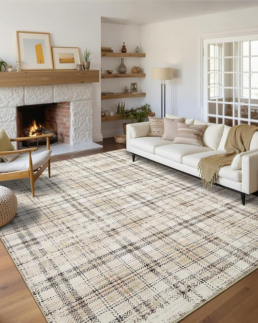 Washable Area Rug 6x9 Rug for Living Room Soft Bedroom Rug Modern Plaid Beige Rugs Non Slip Throw Rugs Non Shedding Stain Resistant Carpet for Nursery Dining Room Office 6'x9' Beige