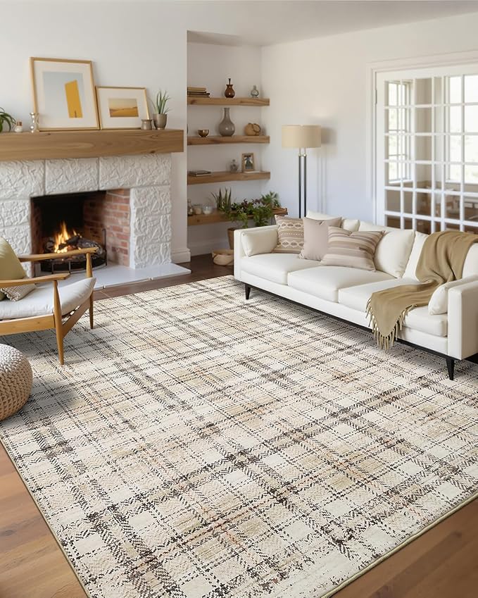 Modern Washable 8x10 Area Rug - Soft, Non-Slip, Stain Resistant, Farmhouse Tartan Plaid for Living Room, Bedroom, Nursery, Office - Beige