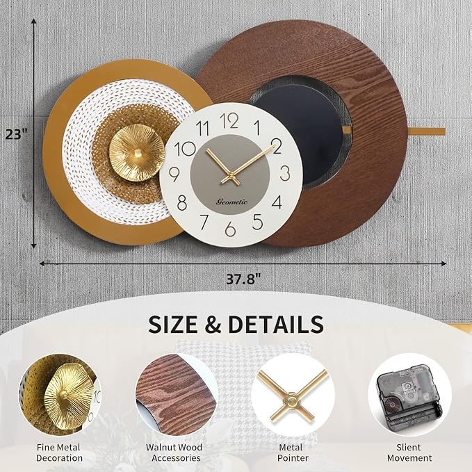 37.8x23 Inch Large Mid-Century Modern Wall Clock, Oversized Wood and Metal Frame Brown Decorative Clock for Living Room, Kitchen, Bedroom, Office