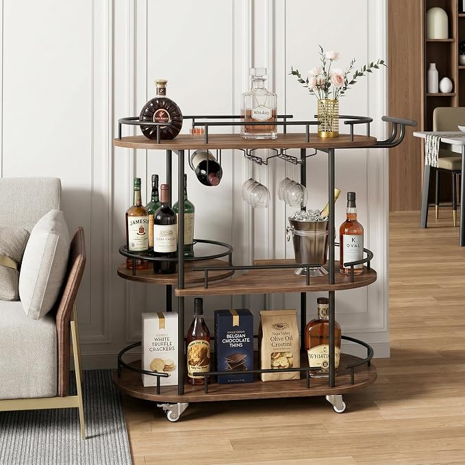 Takywep Bar Cart with Wine Rack and Glass Holder, 4-Tier Modern Serving Cart on Wheels, Mobile Liquor Cabinet & Coffee Station for Home Kitchen, Dining Room, Marble Wood/Gold