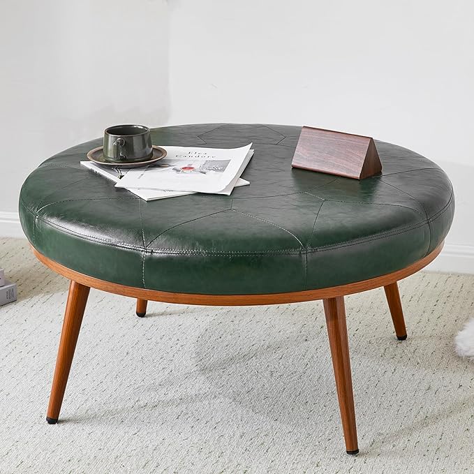 Round Ottoman, Large Faux Leather Footstool and Coffee Table, Cushioned Backless Chair for Living Room & Bedroom, Padded Seat Footrest, (Green)