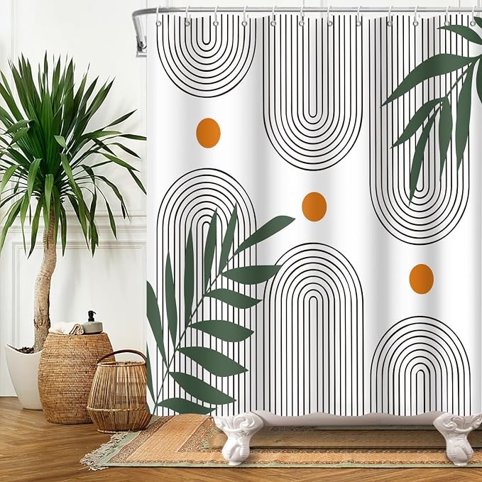 Boho Mid Century Shower Curtain Bohemian Minimalist Geometric Arch Sun Bathroom Curtain Sage Green Plant Polyester Shower Curtain Sets for Bathroom Extra Long 72x72 in with 12 Hooks