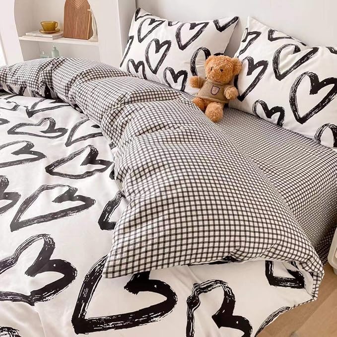 Pureant Love Comforter Set Queen Black and White Comforter Cotton Boho Black Quilts Women Men Heart Shaped Comforters Boys Teens Kawaii Comforter Cute Soft White Bedding Love Heart Queen Size Bedding