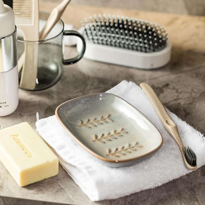 Ceramic Soap Dish Soap Holder, Soap Lift for Bar Soap Sponge, Shower Soap Dishes for Bathroom Kitchen Counter Soap Saver Tray Keep Dry, Dishwasher Safe (Pack of 2)