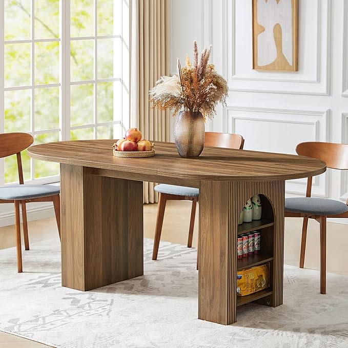 70.8" Oval Dining Table with Dual Side Storage Shelves, Rustic Farmhouse Table for 4–6 People, Modern Wooden Round Dinner Table for Kitchen, Reception, or Living Room (Walnut, Table Only)