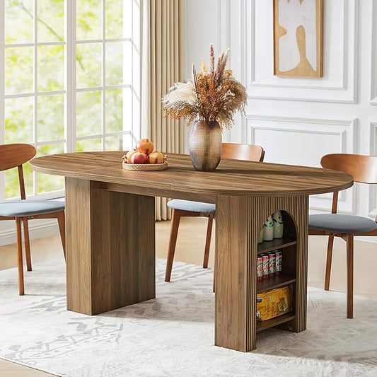 70.8" Oval Dining Table with Dual Side Storage Shelves, Rustic Farmhouse Table for 4–6 People, Modern Wooden Round Dinner Table for Kitchen, Reception, or Living Room (Walnut, Table Only)