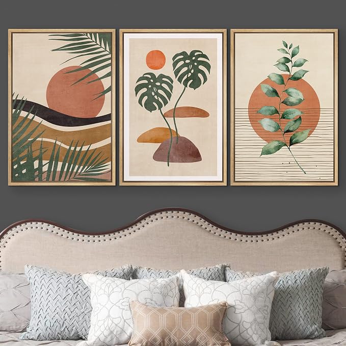 wall26 Framed Canvas Print Wall Art Set Boho Mid-Century Tropical Plant Collage Abstract Shapes Digital Art Modern Art Decorative Minimal Relax/Zen for Living Room, Bedroom, Office - 16"x24"x3 Natural