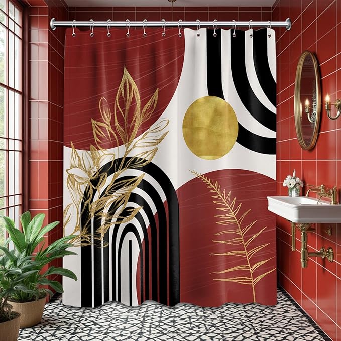 Black and Red Shower Curtain Boho Mid Century Burgundy Dark Red and Gold and White Shower Curtains for Bathroom Decor, Waterproof Cloth Fabric with Hooks, 70" W x 78" L