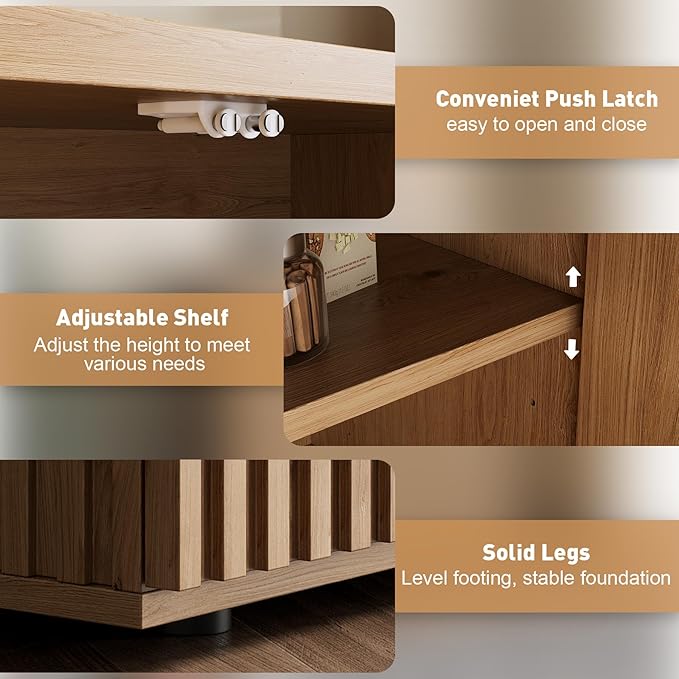 Rophefx Fluted Sideboard Cabinet, 126" Buffet Cabinet with Storage, Credenza Storage Cabinets with Adjustable Shelf, Wood Entryway Cabinets with Pop-up Doors for Living Room, Entryway, Hallway, Oak