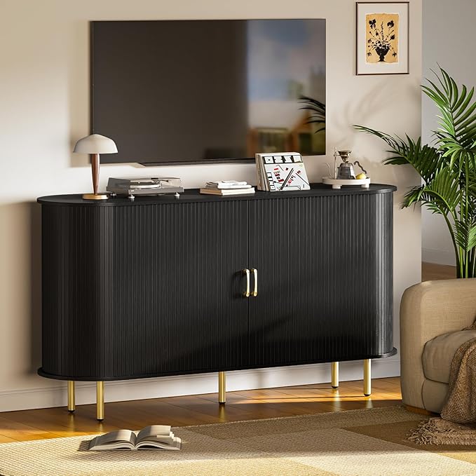 PUKAMI 55" Wood Buffet Sideboard Cabinet with Storage, Mid-Century Modern Coffee Bar Cabinet with Sliding Doors & Shelves, Accent Credenza Console Table for Kitchen, Dining Room, Entryway (Black)