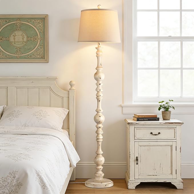 QiMH Vintage Floor Lamp for Living Room,61" Tall Rustic Standing Lamp with Linen Lampshade, Rotary Switch Farmhouse Floor lamp for Bedroom, Corner, Dining Room, Home Decor, Shabby White