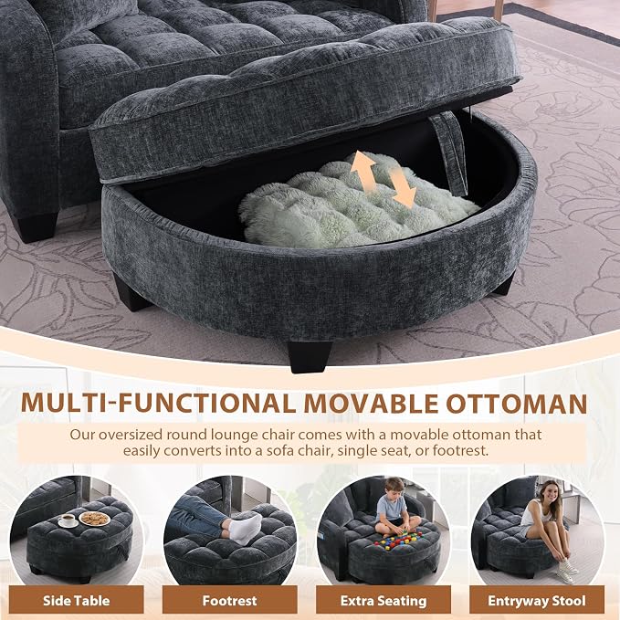 Oversized Curved Chaise Lounge Chair Indoor with Ottoman, 54.8" Cloud Boneless Reading Chair Soft Chenille Circle Couch w/Adjustable Backrest for Living Room, Apartroom, Bedroom, Black