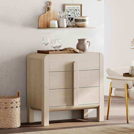 WAMPAT Sideboard Buffet Cabinet with Storage with 3 Drawers,Modern French 31.5" W Buffet Cabinet with Storage,Wood Coffee Bar Cabinets with Curved Edge Design for Kitchen Living Room,Light Oak