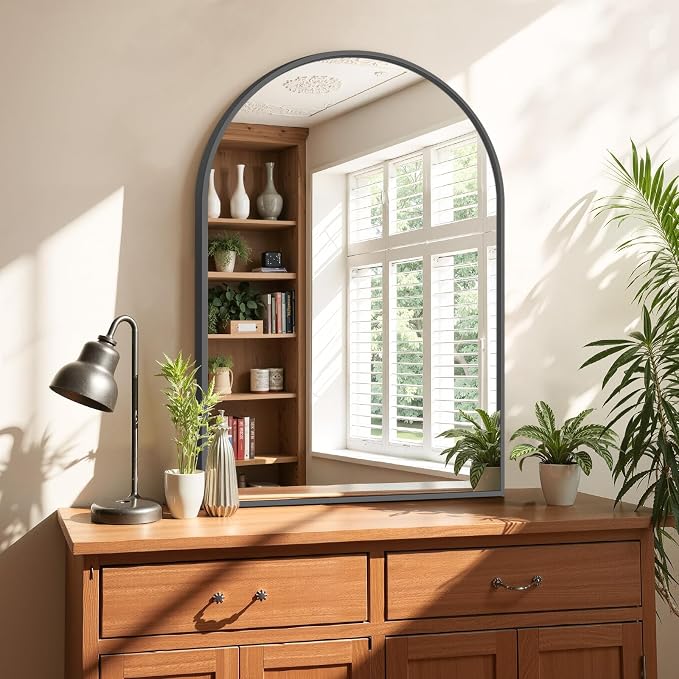 Bathroom Mirror for Wall, 30x20 Inch Arched Mirror, Matte Black Metal Framed Bathroom Vanity Mirrors for Restroom Farmhouse, Anti-Rust, Tempered Glass, Hanging or Leaning