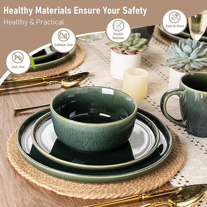 GBHOME Ceramic Dinnerware Sets for 8, 24 Pieces Stoneware Plates and Bowls Sets, Reactive Glaze Dishes -Scratch Resistant, Dishwasher&Microwave Safe, Earth Green