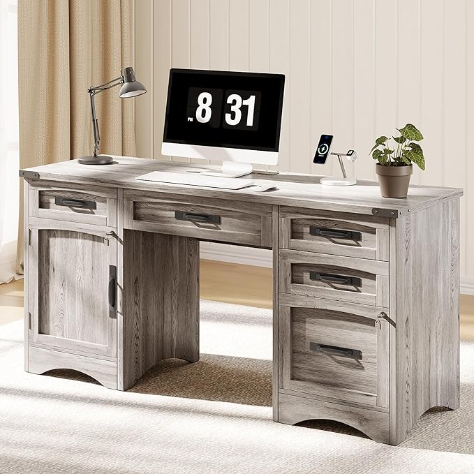 Decofy Farmhouse Executive Desk with Drawers, 55" Home Office Desks with Fast Charging Station, Lockable File Cabinet, Wood Writing Computer Desk for Work, Study, Grey