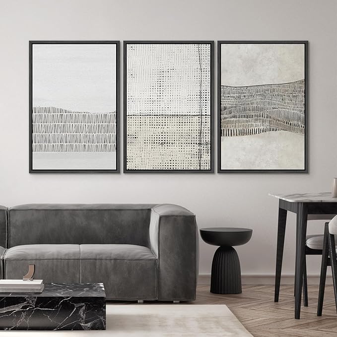 SIGNWIN Framed Canvas Print Wall Art Set Grunge Black Tan Line Art Landscape Abstract Shapes Cozy Neutral Modern Art Decorative Contemporary Minimal for Living Room, Bedroom, Office - 24"x36"x3 Black