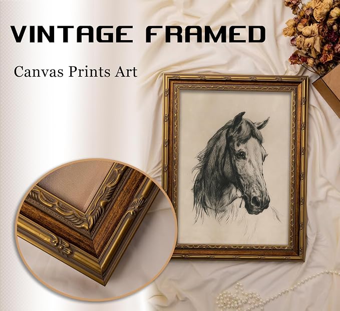Vintage Gold Framed Horse Sketch Canvas Wall Art Retro Horse Wall Decor Vintage Farmhouse Animals Sketch Print Artwork Retro Rustic painting Picture for Farmhouse Bedroom Living Room 16X24in