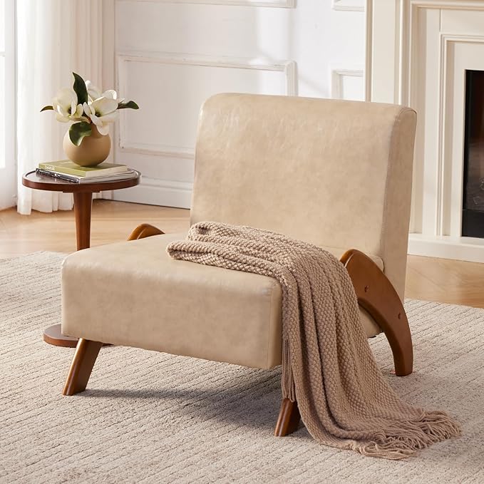 Oversized Accent Chair, upholstered armless mid Century Modern Living Room Chair with Wooden Legs for Bedroom/Office/Cafe, Faux Leather Ivory