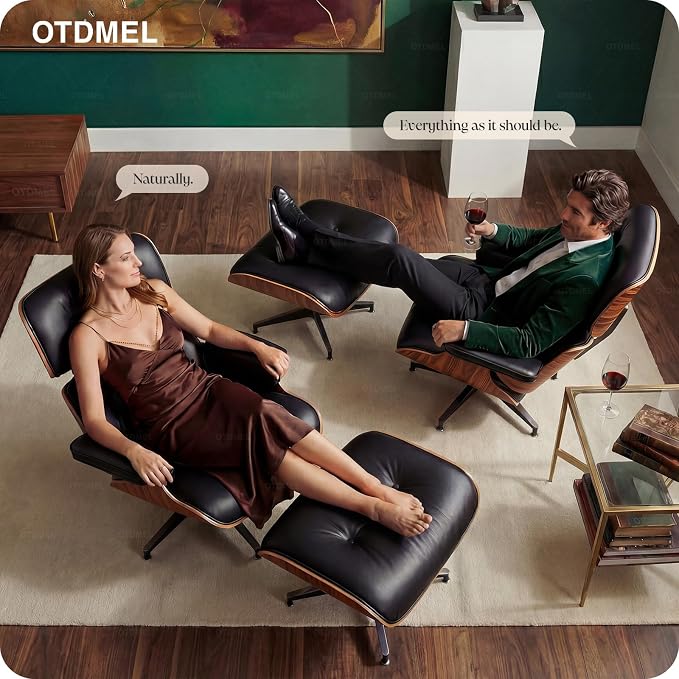 Luxury Top Black Grain Leather Mid Century Chaise Lounge Chair with Ottoman, Premium Handcrafted Rosewood, Ergonomic Modern Accent Chair for Living Room Office