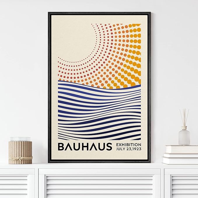 MUDECOR Framed Canvas Print Wall Art Mid-Century Bauhaus Geometric Sun & Ocean Shapes Abstract Illustrations Modern Art Minimal Multicolor Relax/Calm for Living Room, Bedroom, Office - 16"x24" Black