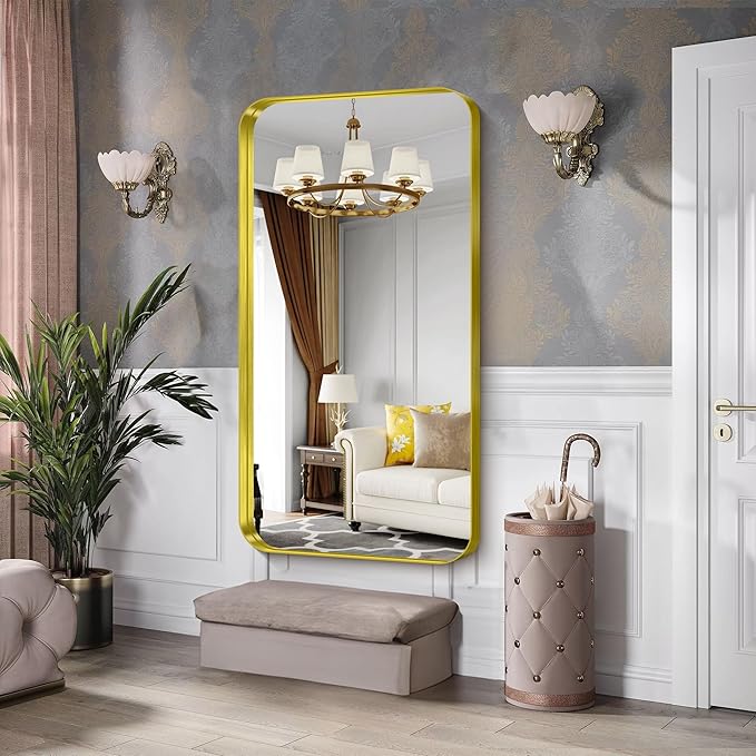CIRCUMI Gold Bathroom Mirror, 30"x60" Rectangular Mirror with Deep Metal Frame, Rounded Corner, Tempered Glass, Large Mirror for Wall, Over 2 Sinks, Installed Vertically/Horizontally, Crystal-Clear