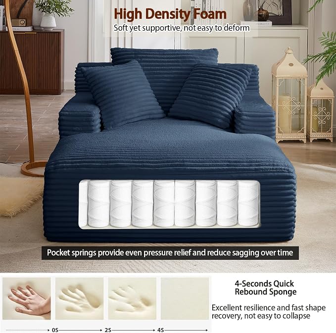 50" Chaise Lounge Chair Indoor, Corduroy Lazy Sofa Bed Sleeper Chair with 3 Pillows & Spring Cushion, Oversized Reading Chair for Living Room Apartment, Blue