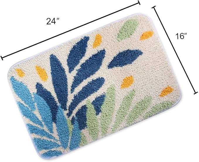 Hi Space Bathroom Rugs 24x16IN Blue Leaves Bath Mat for Bathroom Non Slip Machine Washable Soft Microfiber Absorbent Cute Bath Rug Plush for Tub Shower Sink Fluffy Home Decor Accessories