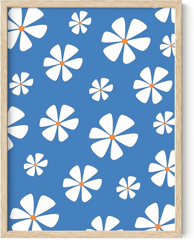 HAUS AND HUES Daisy Wall Art - Blue flower art for living room, framed in beige for a soft, natural look (Beige Frame, 12x16).