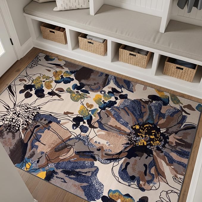 Rugshop Cream Bright Flowers Non Slip Non-Shedding Area Rug for Living Room, Dining Room and Bedroom, 5'3" x 7'3"