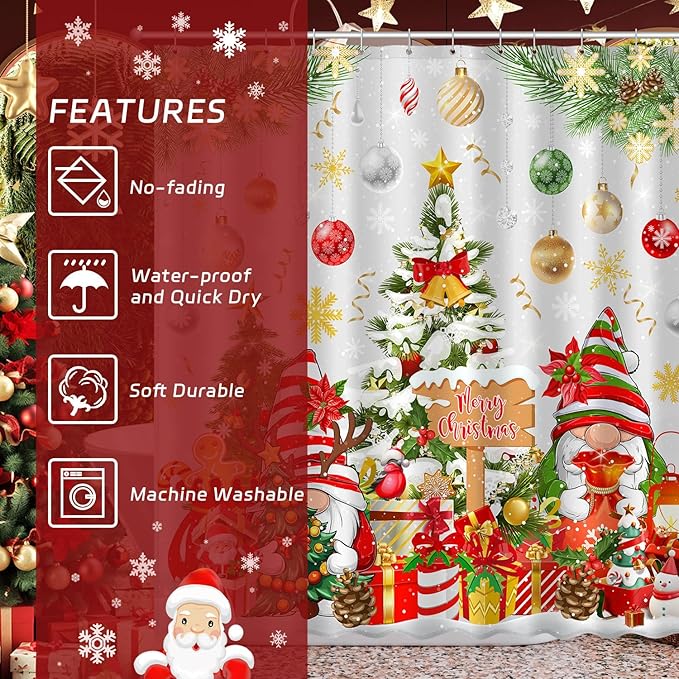 Boho Shower Curtains for Bathroom Mid Century Minimalist Abstract Aesthetic Modern Bathroom Decor Curtain Machine Washable Waterproof Fabric with 12 Hooks (Christmas Gnome White, 72"W x 72"L)