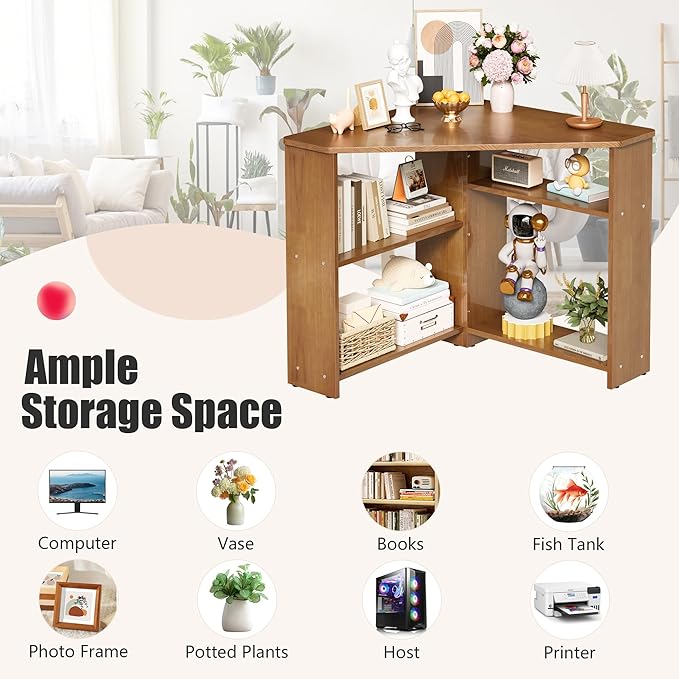 31.5” Small Corner Desk with Storage - L Shaped Desks with Storage, Solid Wood Desk with Shelves, Corner Computer Desk for Small Spaces, Writing Desk for Bedroom&Home Office - Walnut