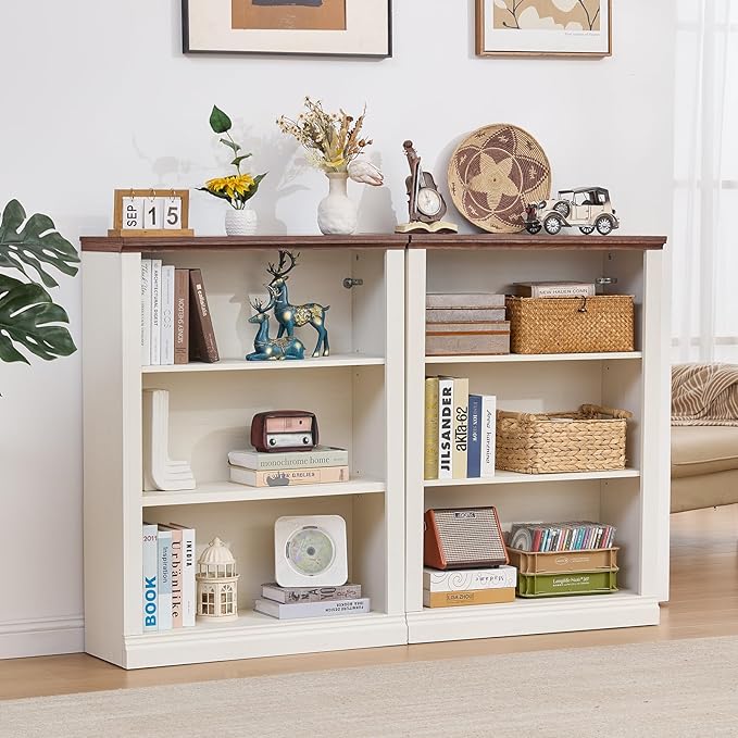 RWYHG 43" White Tall Bookshelf Set of 3,3-Tier Thick Wooden Book Shelf with Adjustable Shelves,Free Standing Farmhouse Bookcase with Open Display Storage,Floor Vintage Bookshelves for Living Room