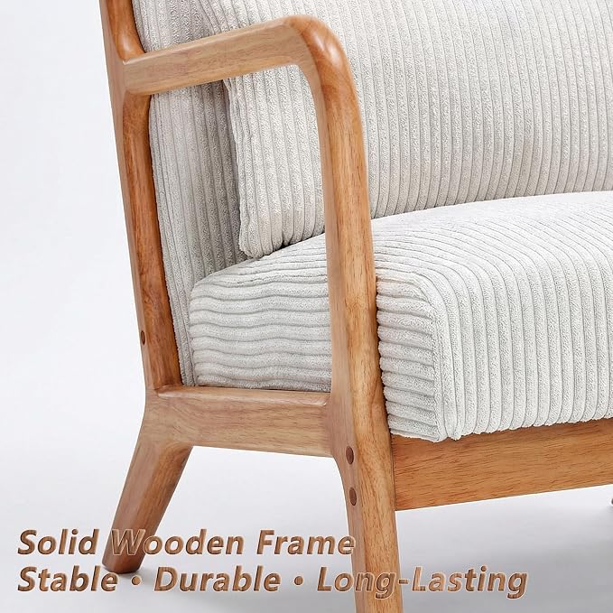 Set of 2 Mid Century Modern Accent Chair with Solid Rubberwood Frame, Comfy Corduroy Reading Armchair with Lumbar Pillow, Compact Lounge Chair for Bedroom, Living Room & Small Spaces