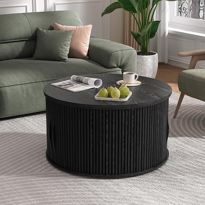 31.5" Black Round Lift Top Coffee Table, Modern Fluted Drum Center Table with Hidden Storage, Minimalist Circle Wood Desk for Living Room & Small Apartment