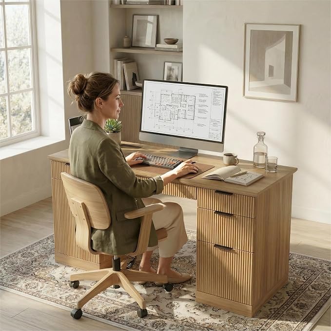 FURSUN 58" Executive Desk with Charging Station & File Drawer, Modern Fluted Home Office Desk with 5 Drawers & Keyboard Tray, Large Computer Writing Desk, Natural Oak