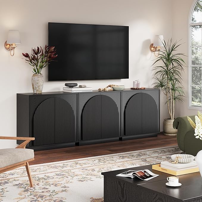 win2win Fluted Sideboard Buffet Cabinet with Storage, 31.5" Modern Accent Cabinet with Double-Layered Arch Doors, Small Wood Console Credenza for Living Room, Dining Room, Entryway, Black, 2PCS
