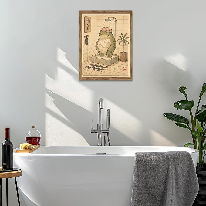Framed Vintage Frog Bathroom Wall Art, Funny Cute Green Frog in Bubble Bath Canvas Prints, Japanese-Style Retro Cartoon Animal Artwork, Whimsical Wall Decor for Dorm Apartment Toilet 16x24in