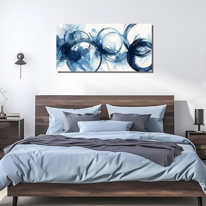 Abstract Circle Canvas Wall Art for Bedroom Blue and White Wall Decor for Dining Room Big Modern Poster Wall Art for Apartment Size 24 x 48 Inch