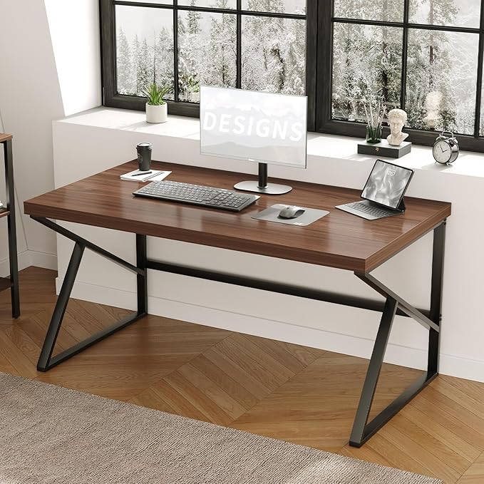 HSH Walnut Computer Desk, Industrial Modern Metal Wood Desk Workstation, Rustic Executive PC Laptop Work Desk Table for Home Office, Simple 55 Inch Writing Study Gaming Desk in Bedroom Living Room