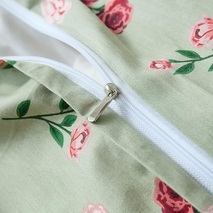 100% Cotton Duvet Cover Set Queen Size– Green Classic Botanical Print Bedding Set 3 Pieces, Breathable Lightweight Comforter Cover with Zipper Closure, Vintage Garden Floral Bed Set