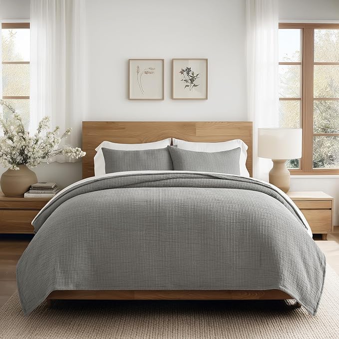 EVERGRACEHOME Cotton Gauze King Bedspread, Ultra Soft Prewashed Pick Stitch Matelassé Coverlet, Lightweight Textured Oversized King Quilt Bedding Set for All Season, with 2 Shams, Fog Gray