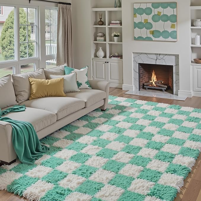 Green Rug 5x8 for Living Room, Checkered Modern Shag Rug Super Soft Washable Indoor Fuzzy Carpet Non-Slip Fluffy Rugs for Bedroom Home Aesthetic Decor