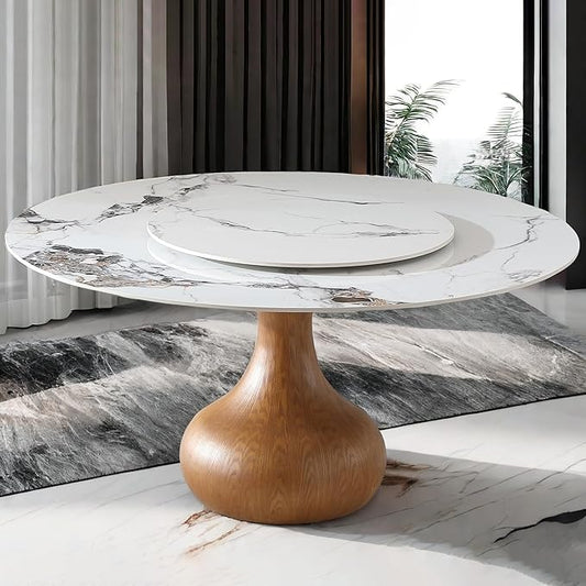 Marble Dining Table, 59" Round Sintered Stone Table for Dining Room, Kitchen, Dinette, Compact Space with Lazy Susan for 4-8 Only Table