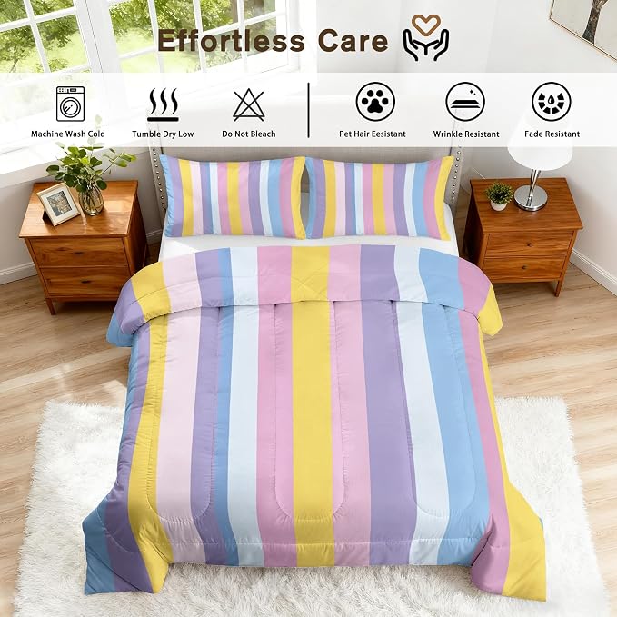 Rainbow Stripe Twin Size Comforter Sets 2 Piece, Colorful Stripes Printed Pattern, Soft All Season Bed Comforter & 1 Pillow Sham, Kids Striped Bedroom Decor Reversible Bedding D-GM12