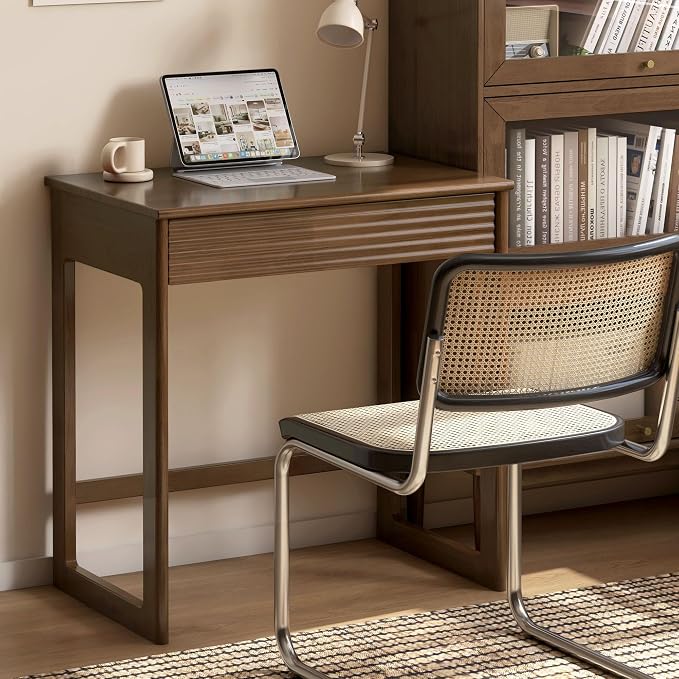 Walnut Finish Solid Wood Desk, Small Writing Desk Home Office Computer Desk for Small Spaces Study Bedroom Work 27.55" W